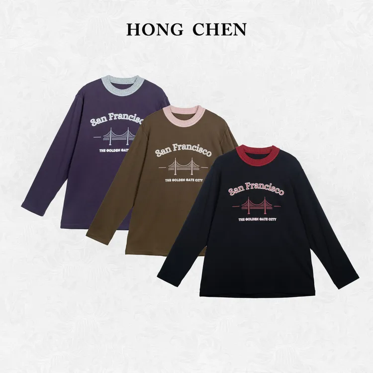 【虹辰·撞色复古T】高端时尚字母加绒优雅百搭高级感圆领T恤-HC1951