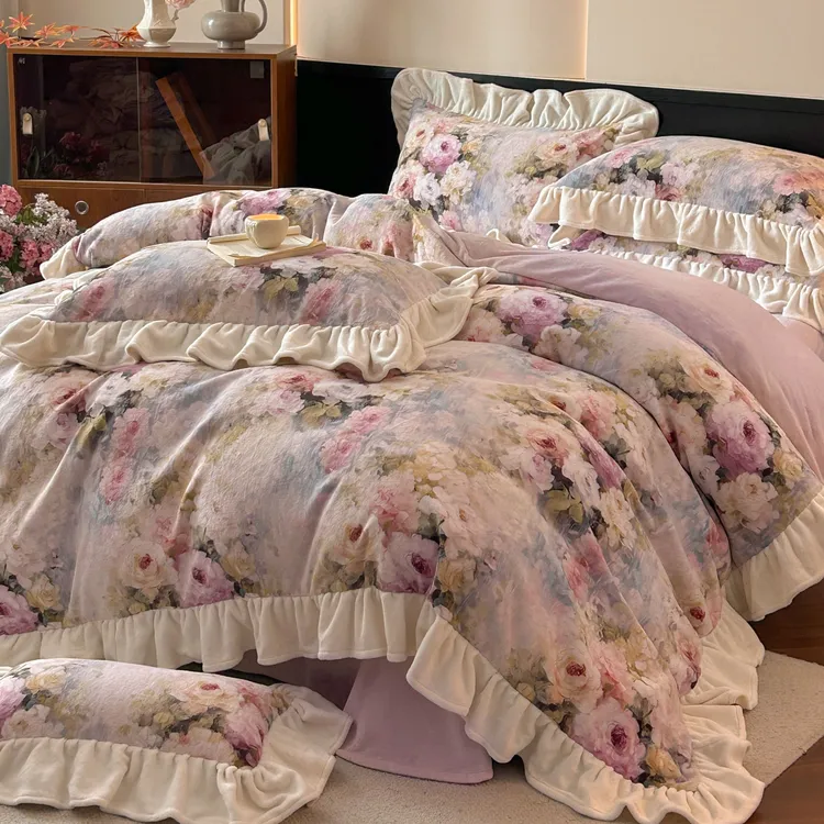 5D数码印花双面加厚加绒韩版花边牛奶绒四件套公主风双人床上用品
