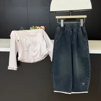 leomama女童刺绣蝴蝶结牛仔裤秋冬新款儿童加绒弯刀宽松休闲裤子