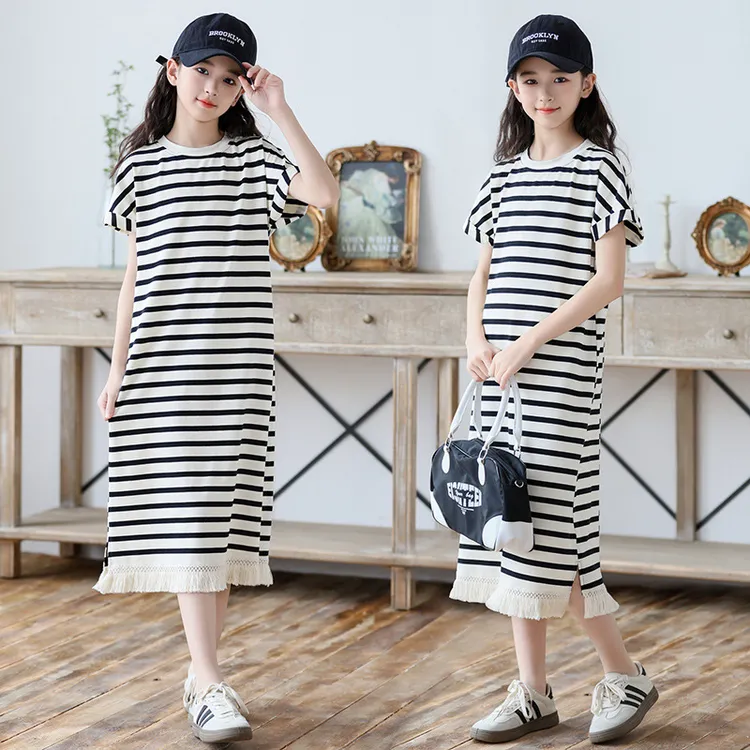 女童t恤裙连衣裙夏季条纹T裙女孩度假裙子大童女装中长款裙子韩版