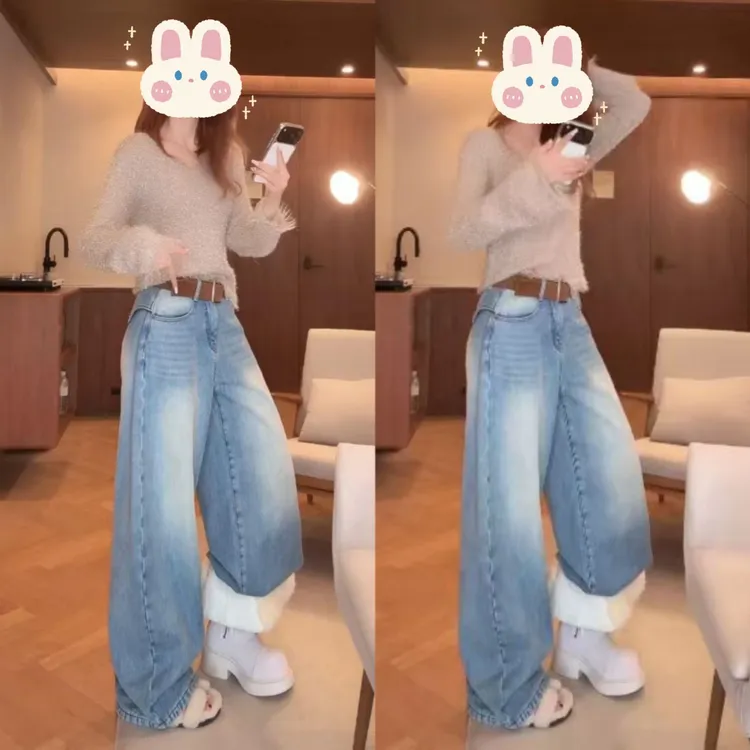 【露丝感觉】金银丝蜜织拉毛针织衫+“水貂绒”重工翘臀牛仔裤BB50579