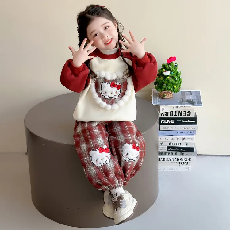 女童猫咪加绒套装秋冬季2025新款儿童洋气卫衣两件套宝宝保暖衣服