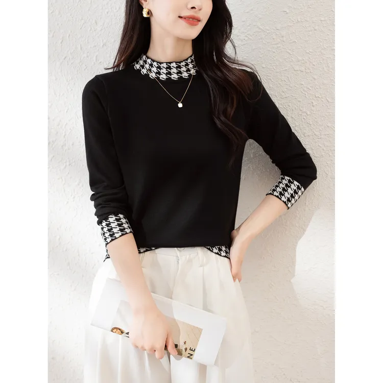 2025秋冬新款撞色长袖套头打底衫女半高领短款针织衫女士毛衣上衣