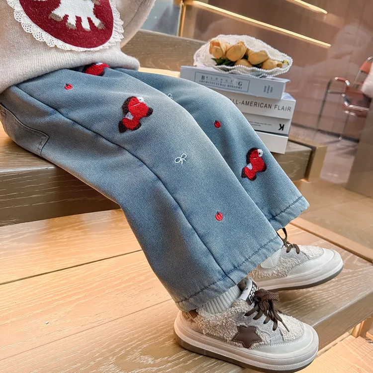 新年款女童加绒小马牛仔裤加厚一体绒儿童直筒阔腿裤子女宝宝冬装