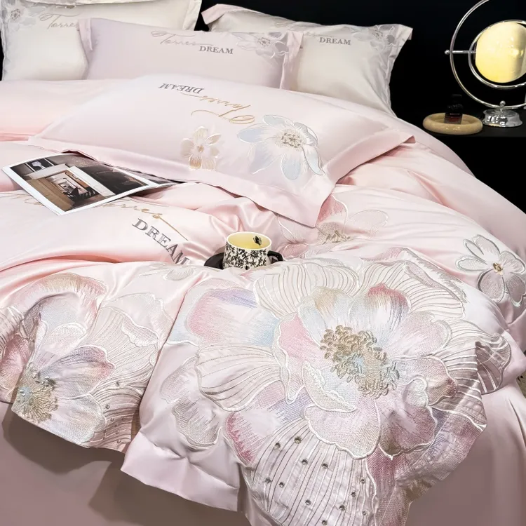 水星家纺适用高档长绒棉四件套全棉纯棉花卉刺绣被套床单床上用品