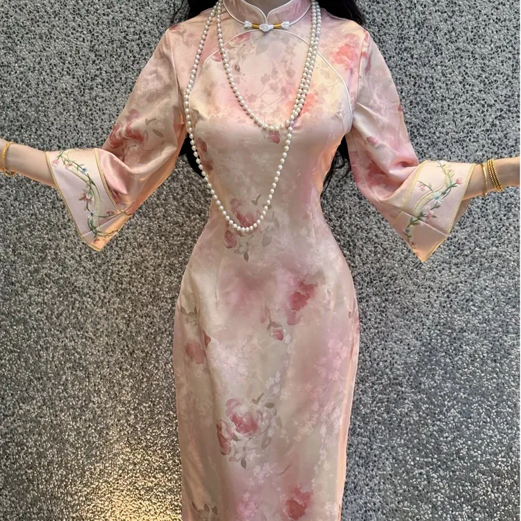 LHMknk1画报夫人原创自制高级温柔旗袍刺绣连衣裙 朝花夕拾倒大袖