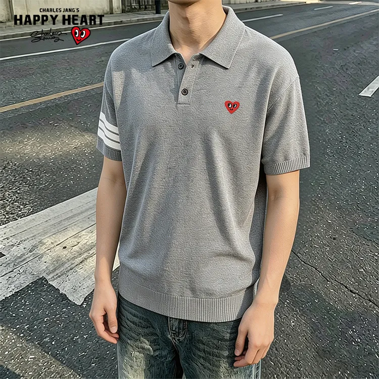 查尔斯桃心夏季针织老钱风条纹短袖POLO衫男女同款美式百搭商品图