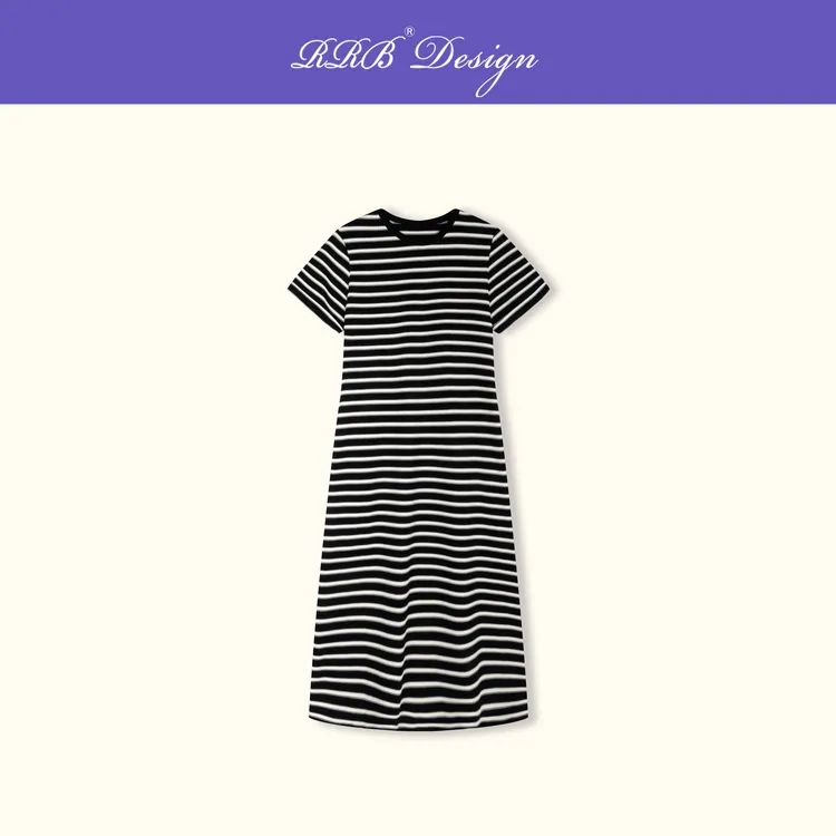 RRB Design「慵懒周末」宽松显瘦圆领拼色条纹短袖连衣裙舒适T恤裙