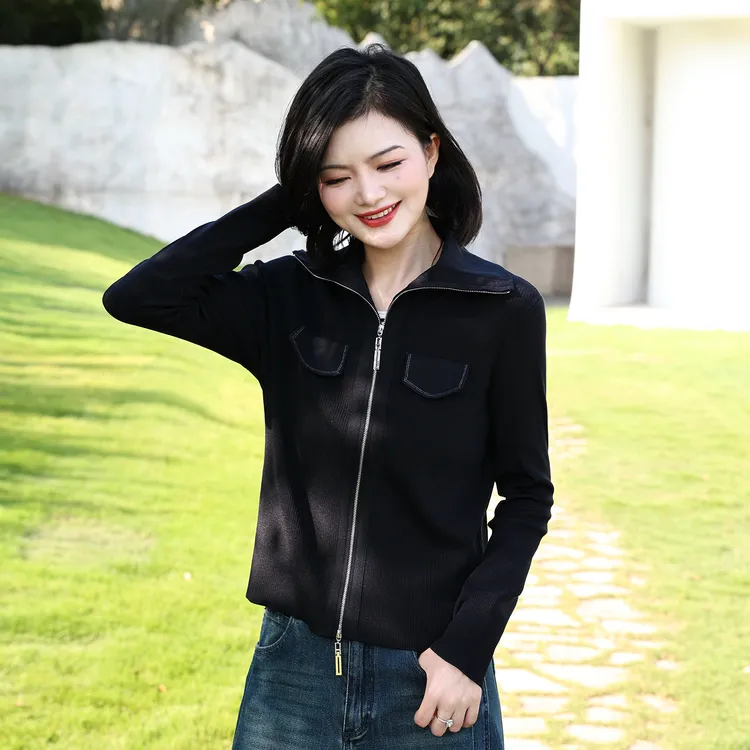 枫竺阿楠anan翻领拉链开衫女长袖外套针织衫女秋百搭简约气质上衣