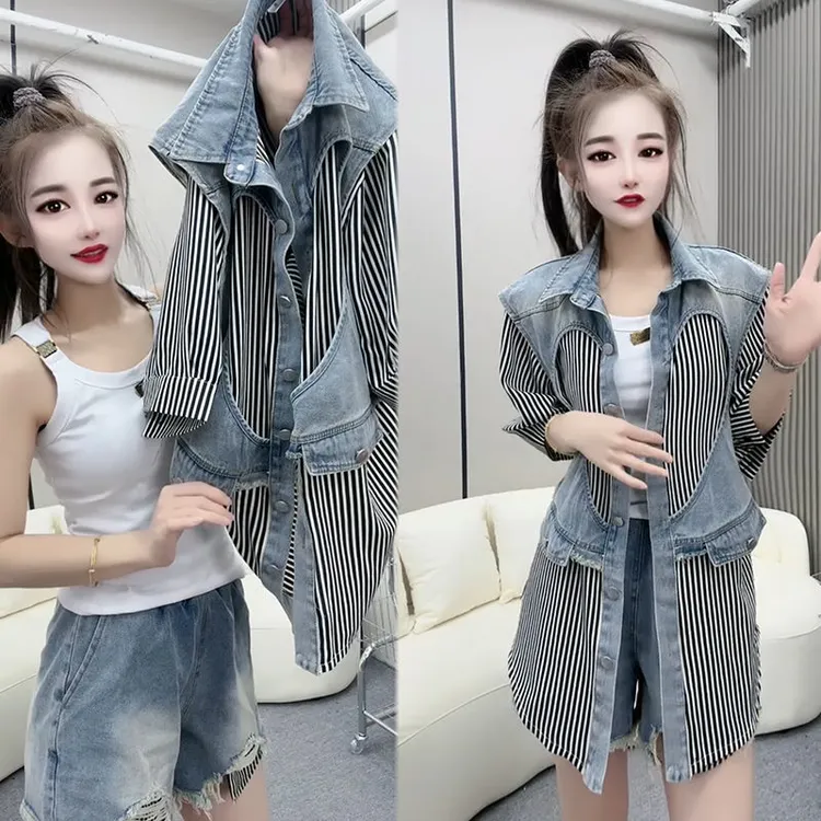 2025牛仔两件套女新款拼接条纹衬衫短袖时尚宽松短裤大码网红套装