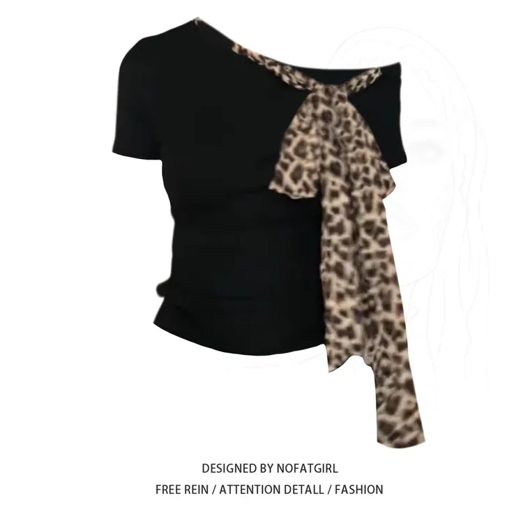 大码胖MM美式辣妹斜领露肩豹纹蝴蝶结短袖t恤女夏季修身显瘦上衣