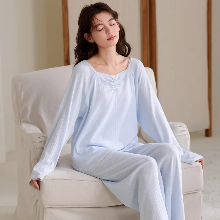 100%纯棉睡衣女款春秋季简约甜美休闲长袖长裤全棉家居服两件套装