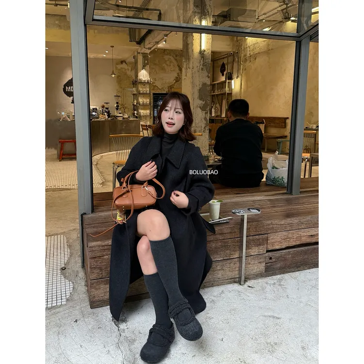 BOLUOBAO 冬日曼哈顿 炭灰色双面呢羊毛大衣