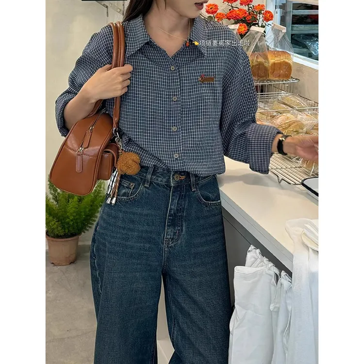 偏爱美式风！Polo领长袖格子衬衫外套女小狗刺绣外搭上衣