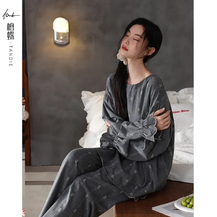 檀蝶2025年新款秋冬季纯棉睡衣成人女款睡衣家居服套装秋冬季薄款