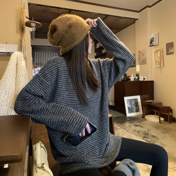 海盐奥利奥2.0 慵懒风磨毛绒加厚条纹长袖T恤女秋冬宽松打底上衣