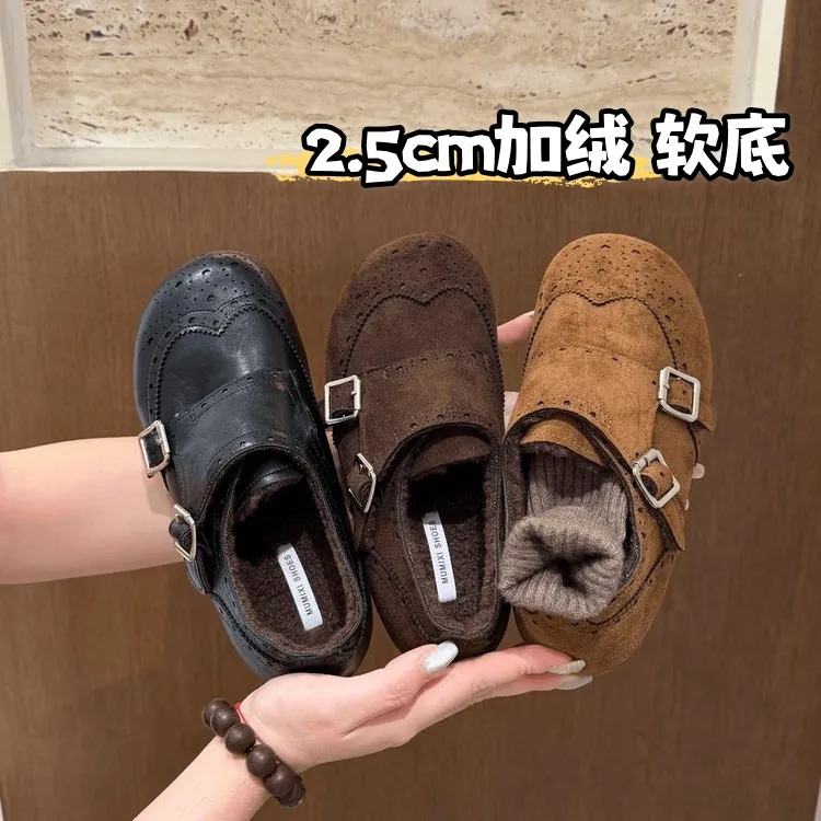 布洛克雕花复古内增高加绒毛毛鞋乐福鞋女百搭英伦风雕花小皮鞋