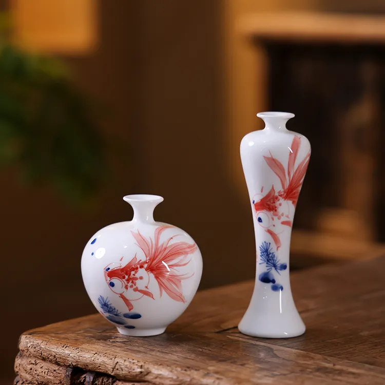 景德镇陶瓷手绘金鱼天球花瓶插花水培装饰品玄关客厅茶台书房摆件