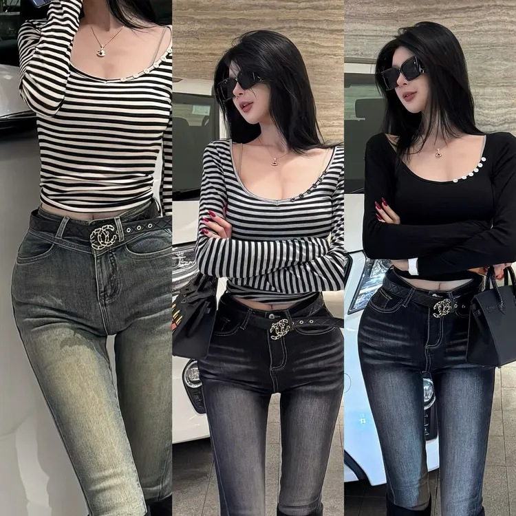 天丝条纹设计感修身v领薄款长袖T恤女春秋内搭打底衫独特绝美上衣