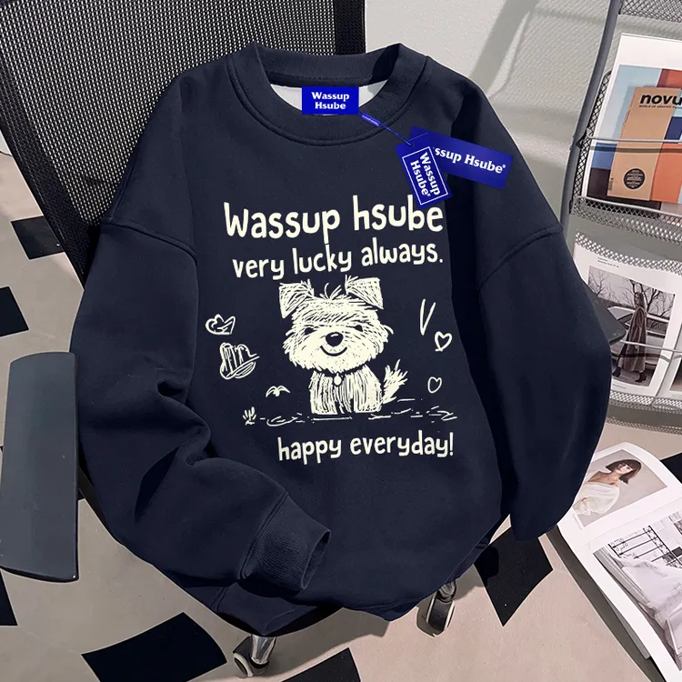WASSUP HSUBE小众设计感趣味情侣秋季圆领卫衣加绒重磅慵懒风上衣