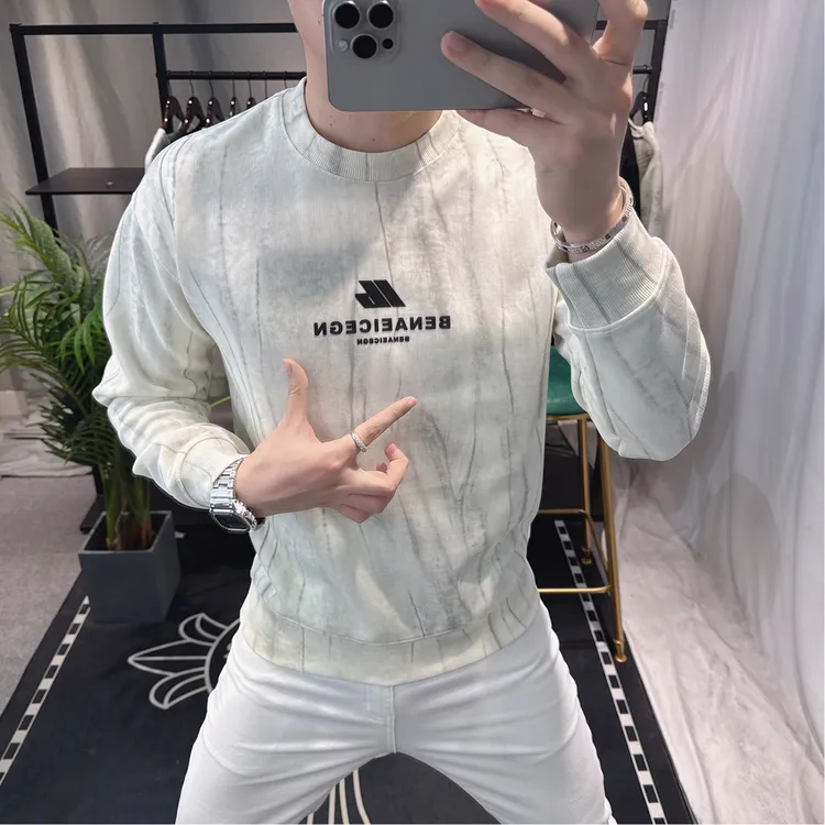 欧洲站男士时尚个性圆领长袖卫衣百搭潮流烫印上衣服扎染潮牌帅气