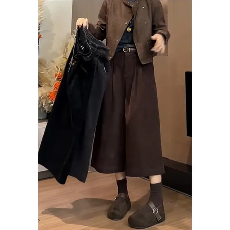 艾塔莉秋季高腰八分裤秋冬半松紧腰休闲裤百搭纯色气质阔腿裤显瘦