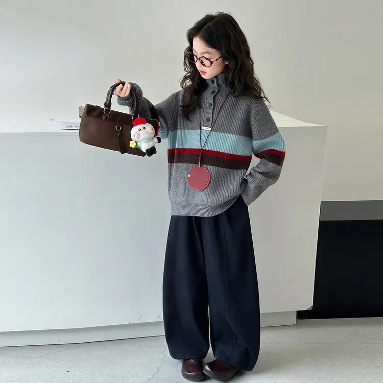 女童加厚半高领毛衣套装秋装2025新款大童装儿童秋冬洋气加绒裤子