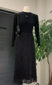 针织醋酸秋季高端长款拼接新黑色醋酸长袖连衣裙