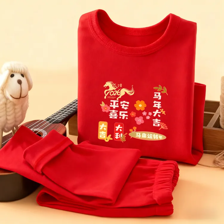 儿童德绒保暖内衣套装本命年男女童秋冬马年秋衣秋裤红色睡衣睡裤