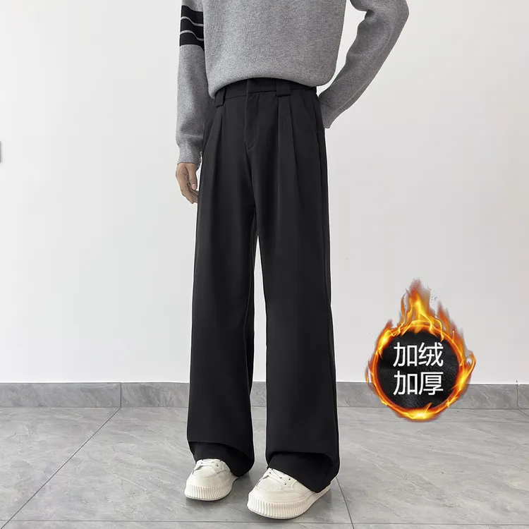 冬季厚款直筒垂感毛呢长裤加绒加厚呢子磨毛休闲裤保暖宽松阔腿裤