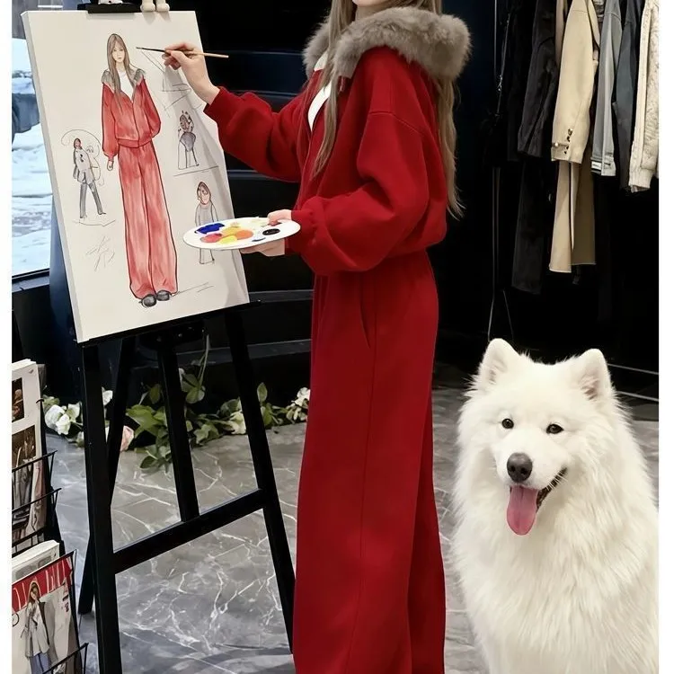 232本命年红圣诞气氛秋冬加绒大毛领外套拖地休闲阔腿裤两件套