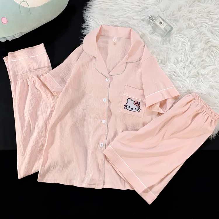 【牛仔猫咪】三件套云朵棉睡衣女卡通短袖长裤短裤家居服套装P6938