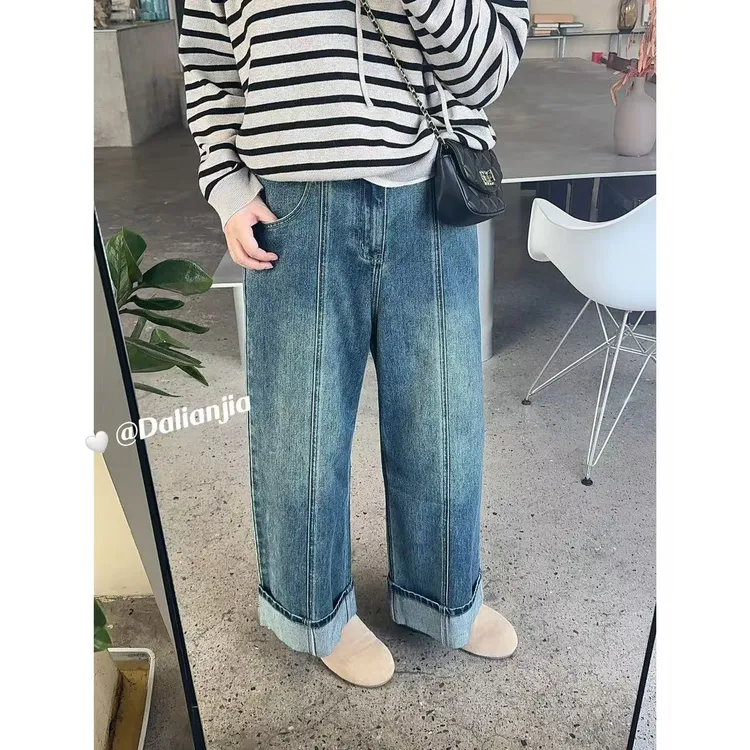 晶咕佳佳【休闲先锋】后腰半松紧立体缝线阔版牛仔裤休闲时尚韩版