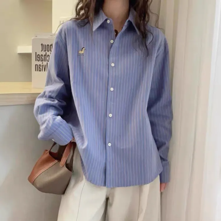 欧洲站2025冬季韩版气质Polo领长袖竖条纹小马刺绣磨毛衬衫上衣女