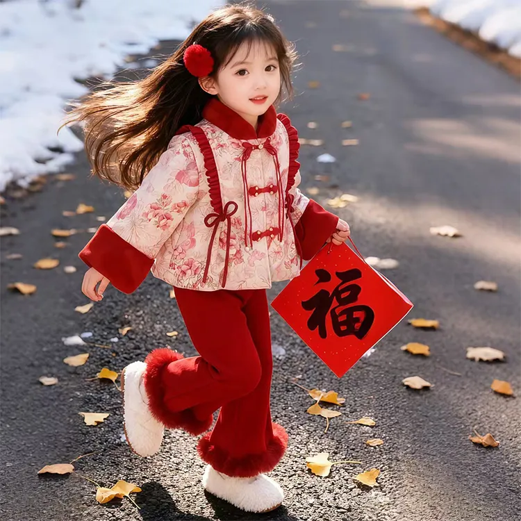 女童国风加绒套装冬季2025新款儿童盘扣拜年服女孩汉服两件套洋气