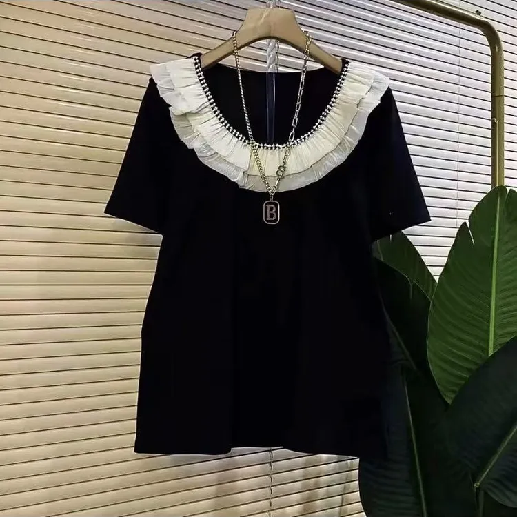 P欧货时尚新款堆堆领拼接甜美显瘦女人衫（衣长59厘米左右）