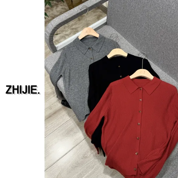 ZHIJIEFUSH竖纹坑条POLO领100%超细美丽诺羊毛衫#22169