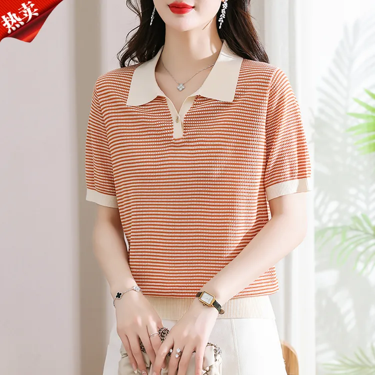 哥弟阿玛施正品夏季新款翻领拼色条纹百搭针织衫时尚休闲减龄上衣