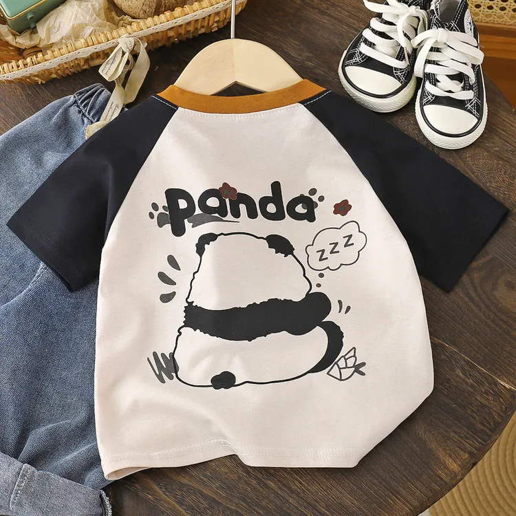 【亏米冲量】2025纯棉擦肩短袖T恤熊猫男童夏季爆款卡通宽松休闲上