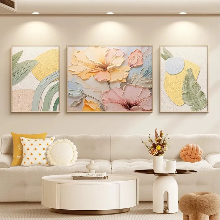 奶油风大芬油画村装饰画简约肌理感花卉三联挂画高级艺术壁画