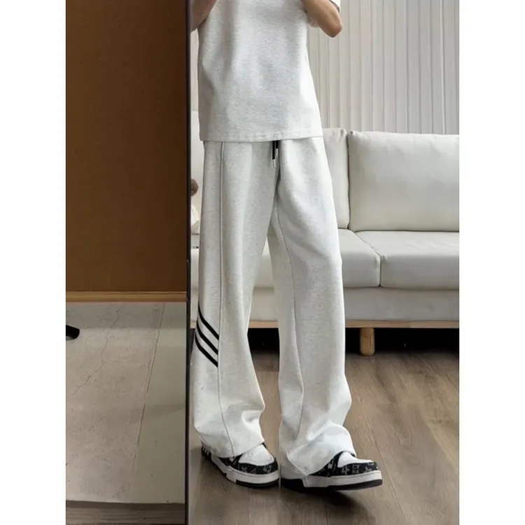 白花灰三条杠重磅巴黎休闲卫裤男款春秋美式潮牌宽松直筒运动裤子