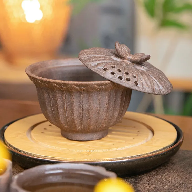 粗陶老岩泥蝴蝶悬停三才盖碗复古功夫茶具泡茶家用单个茶杯茶碗
