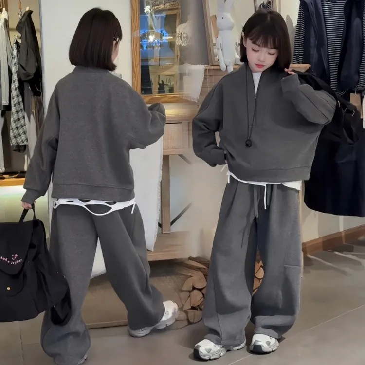 女童秋季套装2025新款慵懒风半拉链长袖卫衣儿童休闲弯刀裤两件套