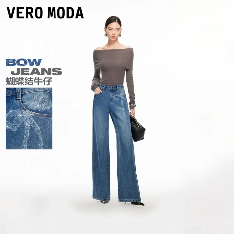 【蝴蝶结】Vero Moda牛仔裤女2026春季新款纯棉印花蝴蝶结贴钻口袋