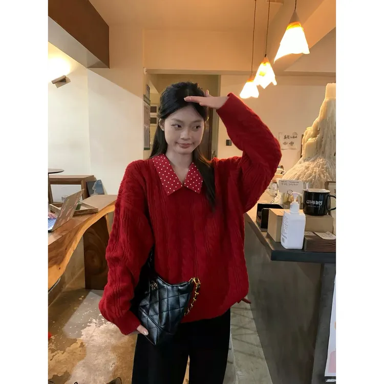 波点假两件Polo领宽松显瘦针织女冬季新款时尚百搭针织衫上衣毛衣