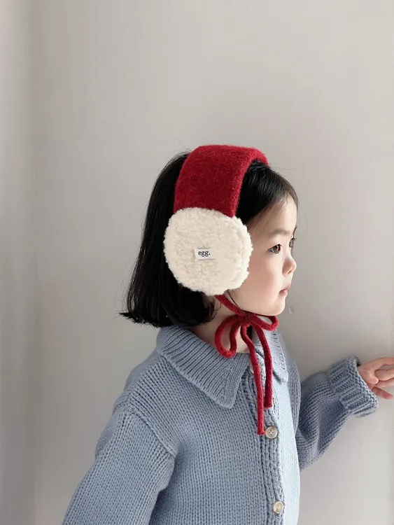 儿童耳罩冬季户外出游保暖男童女童针织毛绒拼色洋气可爱绑带耳潮