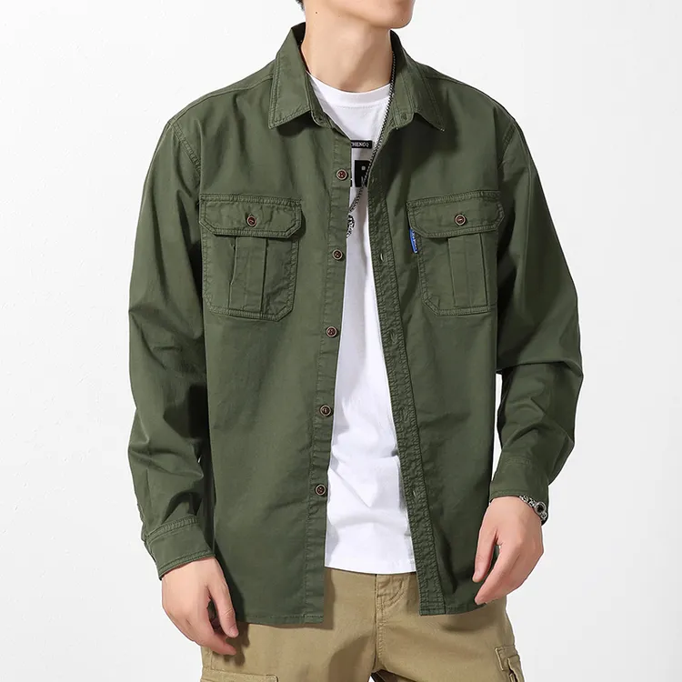 春秋长袖宽松男士衬衫男装休闲户外上衣棉质军绿色耐磨衬衣