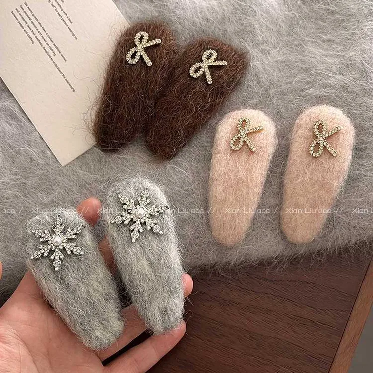 秋冬氛围感雪花毛绒发夹女边夹侧边蝴蝶结一字夹半扎发刘海鸭嘴夹