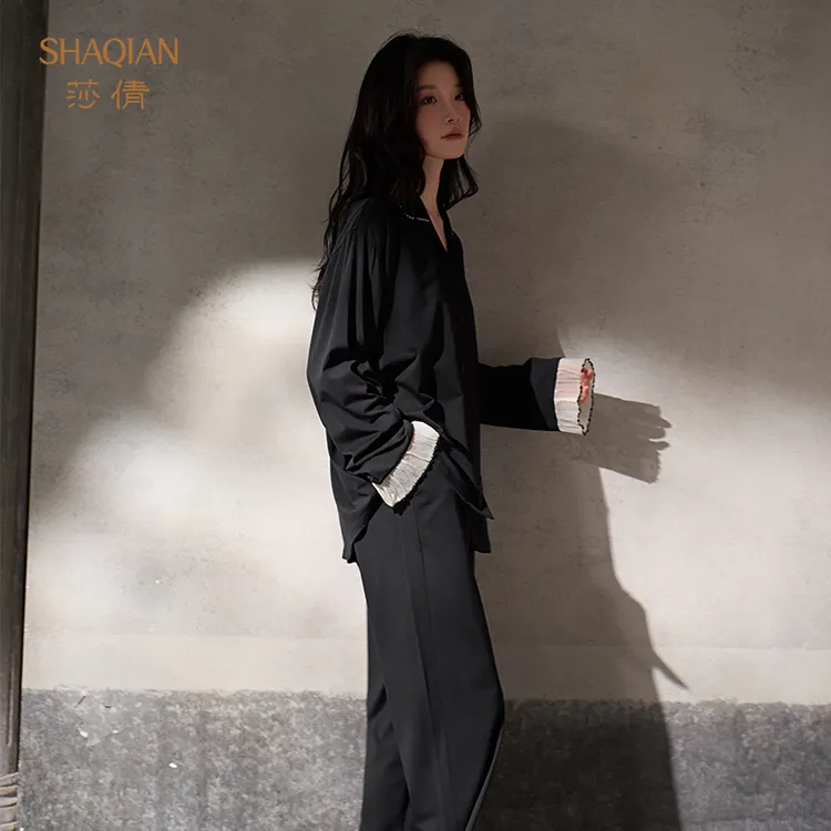 莎倩2025年春秋季睡衣女款莫代尔棉长袖黑色套装秋冬可外穿家居服