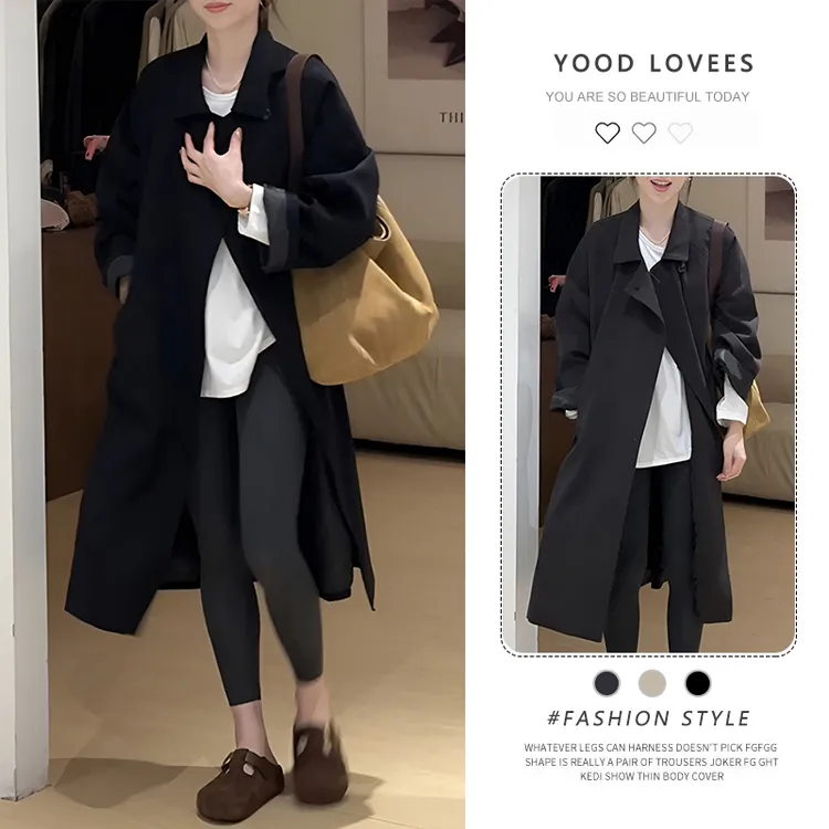 韩系简约风休闲中长款风衣外套女2025春秋新款宽松百搭显瘦大衣